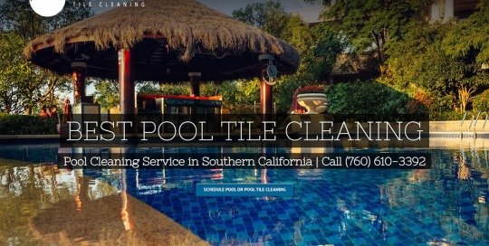 Image of commercial pool with cabana featured as a hero image on home page of pool tile cleaning business.
