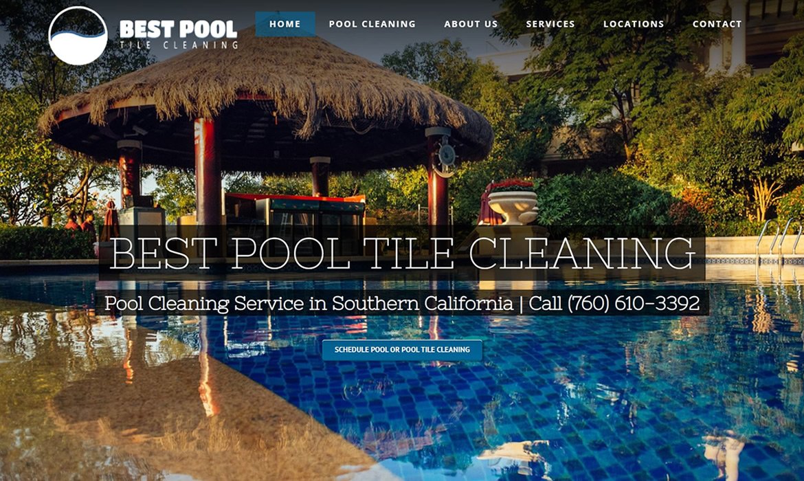Image of commercial pool with cabana featured as a hero image on home page of pool tile cleaning business.
